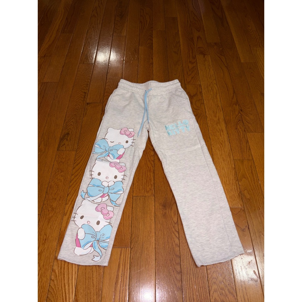 Hello Kitty Sanrio Gray Graphic Sweatpants Blue Bows‎ Joggers Womens size XXS